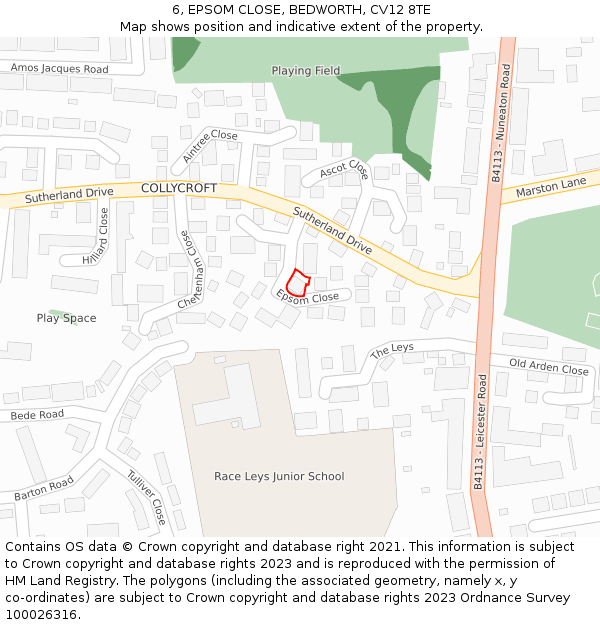 6, EPSOM CLOSE, BEDWORTH, CV12 8TE: Location map and indicative extent of plot