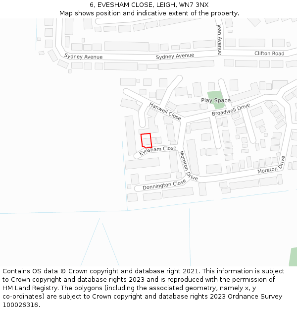 6, EVESHAM CLOSE, LEIGH, WN7 3NX: Location map and indicative extent of plot