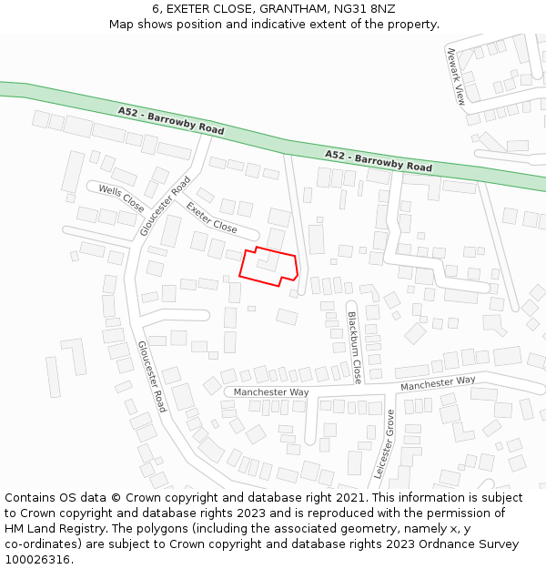 6, EXETER CLOSE, GRANTHAM, NG31 8NZ: Location map and indicative extent of plot