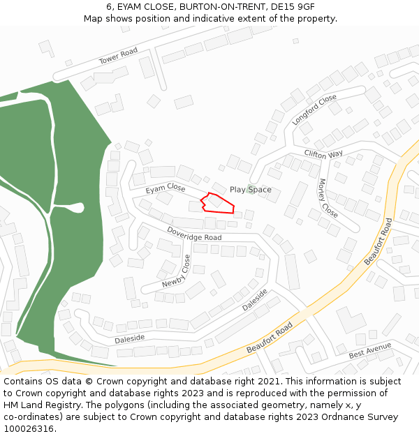 6, EYAM CLOSE, BURTON-ON-TRENT, DE15 9GF: Location map and indicative extent of plot