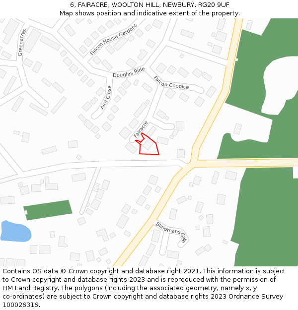 6, FAIRACRE, WOOLTON HILL, NEWBURY, RG20 9UF: Location map and indicative extent of plot