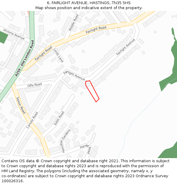 6, FAIRLIGHT AVENUE, HASTINGS, TN35 5HS: Location map and indicative extent of plot