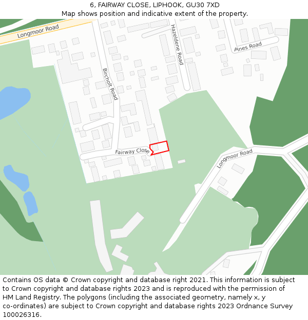 6, FAIRWAY CLOSE, LIPHOOK, GU30 7XD: Location map and indicative extent of plot