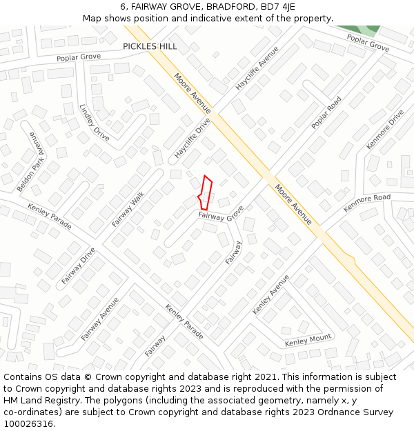 6, FAIRWAY GROVE, BRADFORD, BD7 4JE: Location map and indicative extent of plot