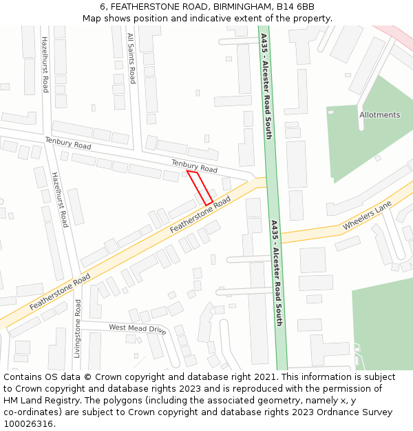 6, FEATHERSTONE ROAD, BIRMINGHAM, B14 6BB: Location map and indicative extent of plot
