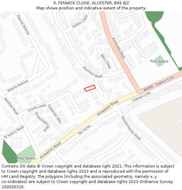 6, FENWICK CLOSE, ALCESTER, B49 6JZ: Location map and indicative extent of plot