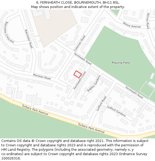 6, FERNHEATH CLOSE, BOURNEMOUTH, BH11 8SL: Location map and indicative extent of plot