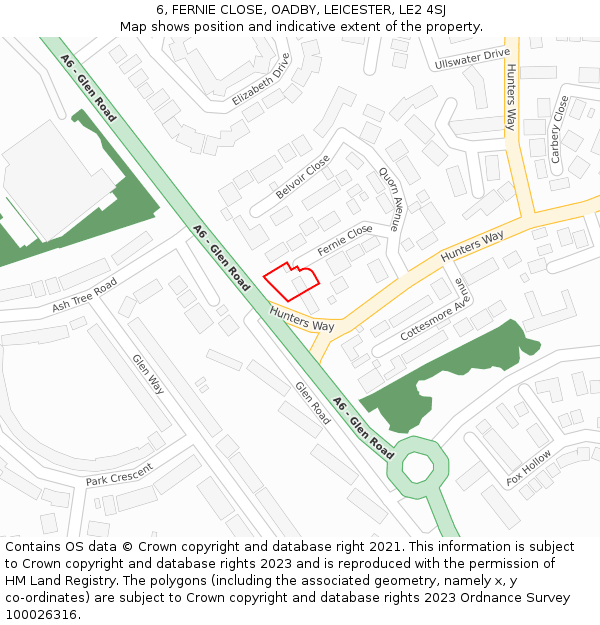 6, FERNIE CLOSE, OADBY, LEICESTER, LE2 4SJ: Location map and indicative extent of plot