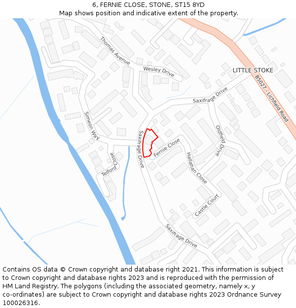 6, FERNIE CLOSE, STONE, ST15 8YD: Location map and indicative extent of plot