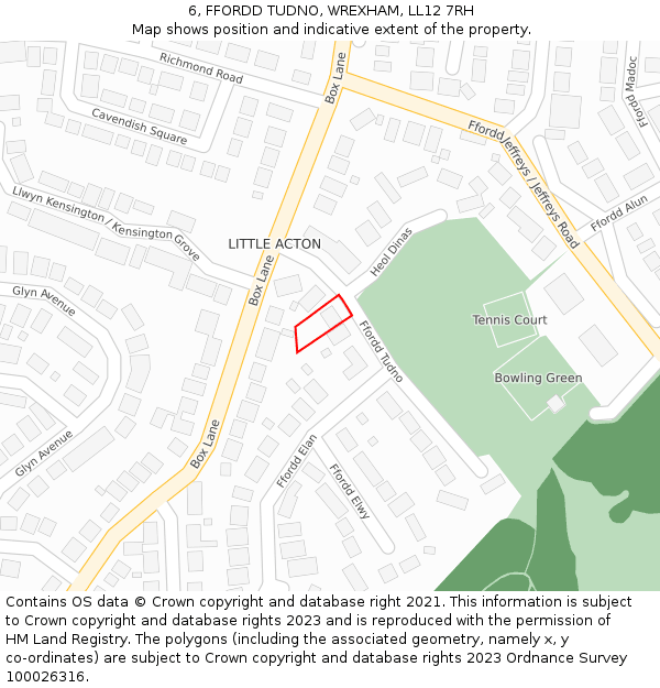 6, FFORDD TUDNO, WREXHAM, LL12 7RH: Location map and indicative extent of plot