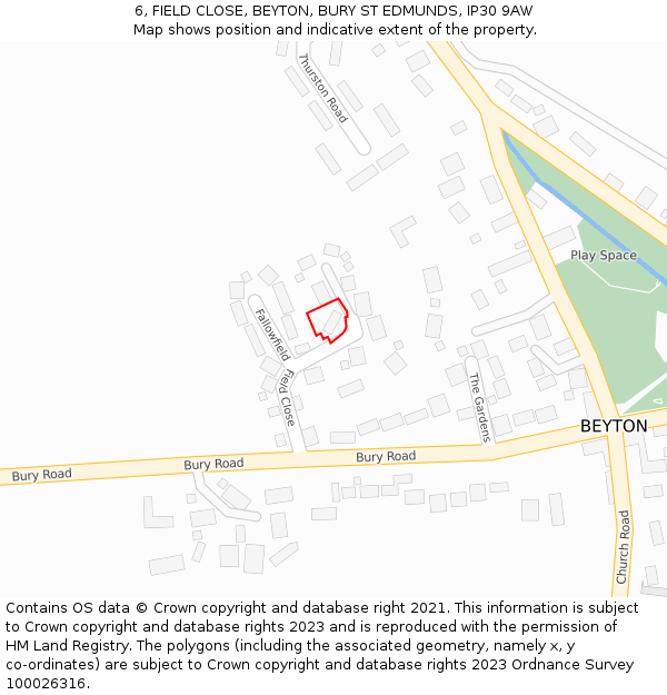 6, FIELD CLOSE, BEYTON, BURY ST EDMUNDS, IP30 9AW: Location map and indicative extent of plot