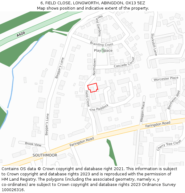 6, FIELD CLOSE, LONGWORTH, ABINGDON, OX13 5EZ: Location map and indicative extent of plot