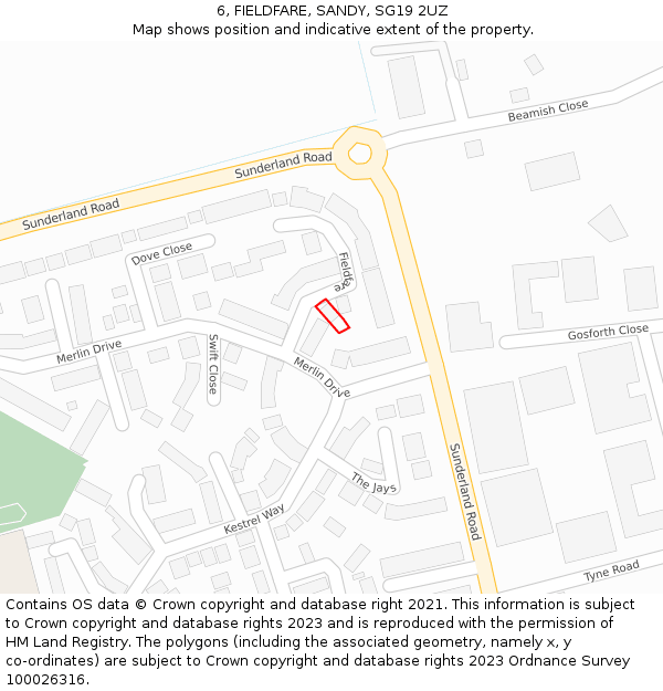 6, FIELDFARE, SANDY, SG19 2UZ: Location map and indicative extent of plot