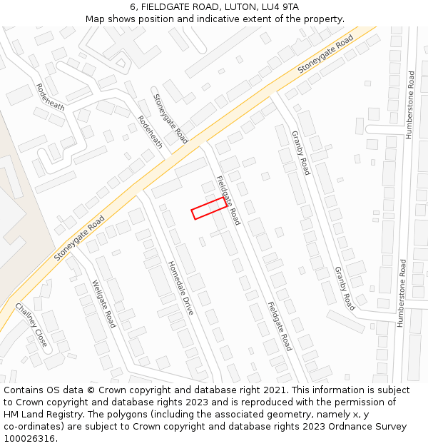 6, FIELDGATE ROAD, LUTON, LU4 9TA: Location map and indicative extent of plot