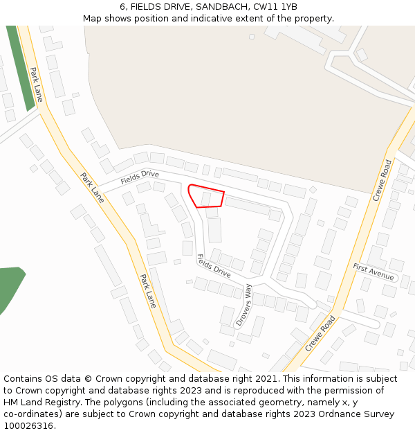 6, FIELDS DRIVE, SANDBACH, CW11 1YB: Location map and indicative extent of plot