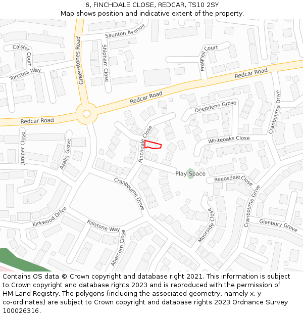 6, FINCHDALE CLOSE, REDCAR, TS10 2SY: Location map and indicative extent of plot