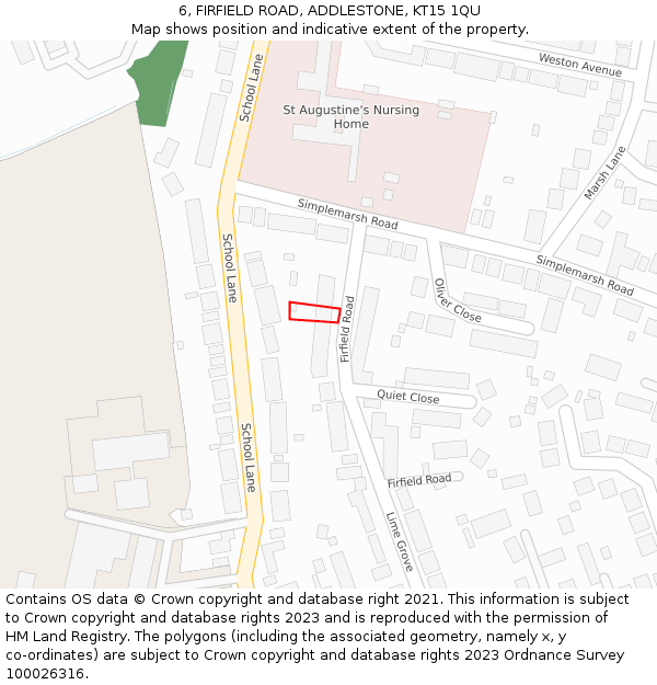 6, FIRFIELD ROAD, ADDLESTONE, KT15 1QU: Location map and indicative extent of plot