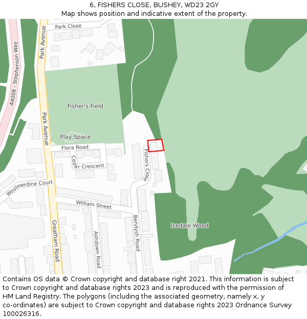 6, FISHERS CLOSE, BUSHEY, WD23 2GY: Location map and indicative extent of plot