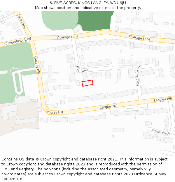 6, FIVE ACRES, KINGS LANGLEY, WD4 9JU: Location map and indicative extent of plot