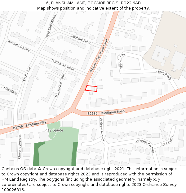 6, FLANSHAM LANE, BOGNOR REGIS, PO22 6AB: Location map and indicative extent of plot