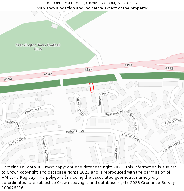 6, FONTEYN PLACE, CRAMLINGTON, NE23 3GN: Location map and indicative extent of plot