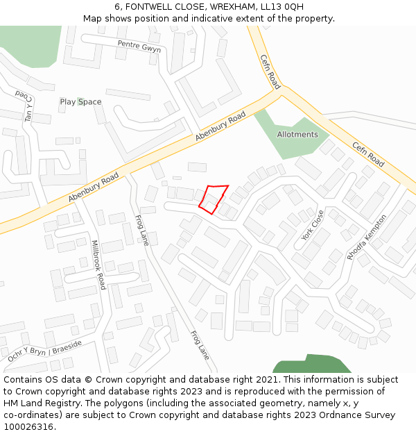 6, FONTWELL CLOSE, WREXHAM, LL13 0QH: Location map and indicative extent of plot