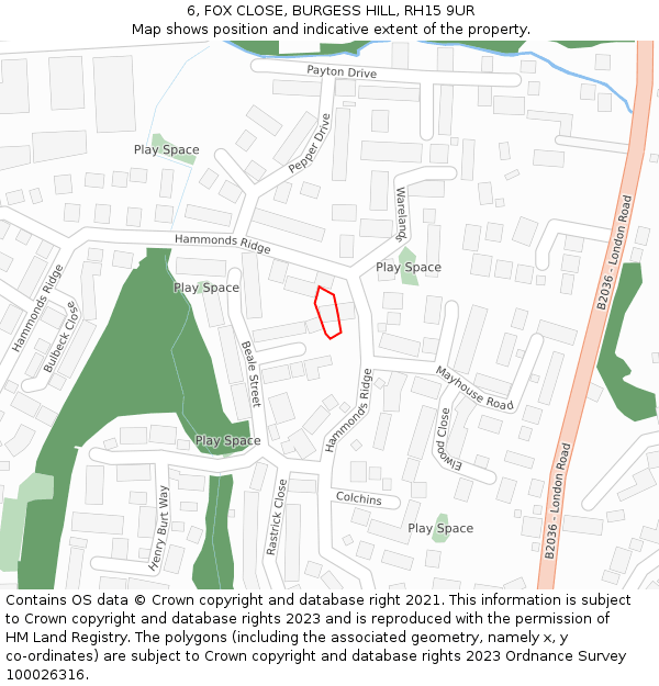 6, FOX CLOSE, BURGESS HILL, RH15 9UR: Location map and indicative extent of plot