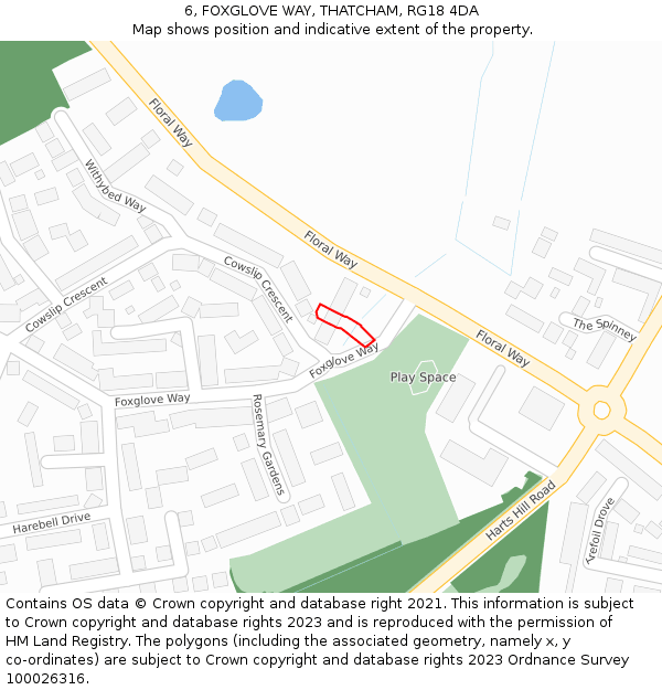 6, FOXGLOVE WAY, THATCHAM, RG18 4DA: Location map and indicative extent of plot