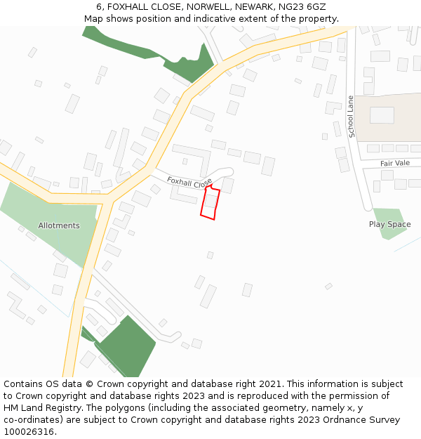 6, FOXHALL CLOSE, NORWELL, NEWARK, NG23 6GZ: Location map and indicative extent of plot