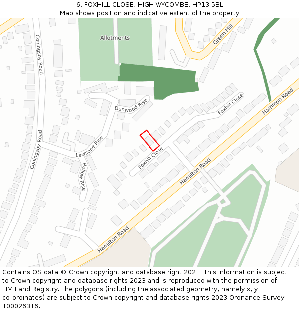 6, FOXHILL CLOSE, HIGH WYCOMBE, HP13 5BL: Location map and indicative extent of plot