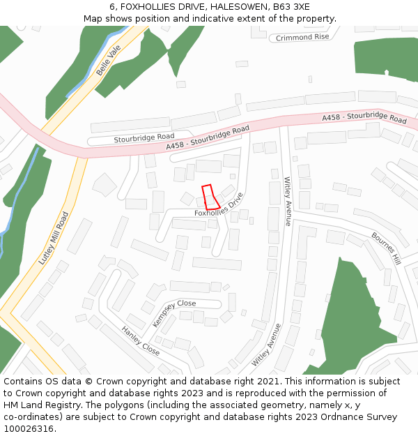 6, FOXHOLLIES DRIVE, HALESOWEN, B63 3XE: Location map and indicative extent of plot
