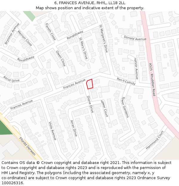 6, FRANCES AVENUE, RHYL, LL18 2LL: Location map and indicative extent of plot