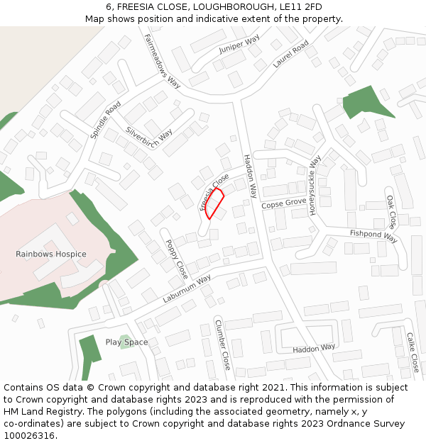 6, FREESIA CLOSE, LOUGHBOROUGH, LE11 2FD: Location map and indicative extent of plot