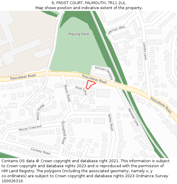 6, FROST COURT, FALMOUTH, TR11 2UL: Location map and indicative extent of plot