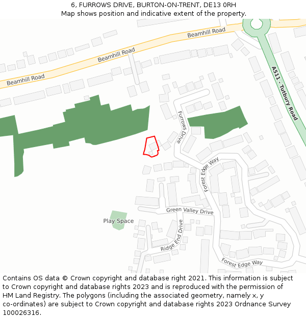 6, FURROWS DRIVE, BURTON-ON-TRENT, DE13 0RH: Location map and indicative extent of plot