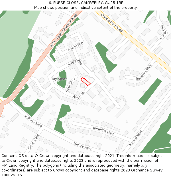 6, FURSE CLOSE, CAMBERLEY, GU15 1BF: Location map and indicative extent of plot