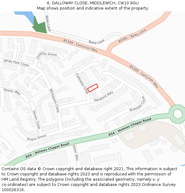 6, GALLOWAY CLOSE, MIDDLEWICH, CW10 9GU: Location map and indicative extent of plot