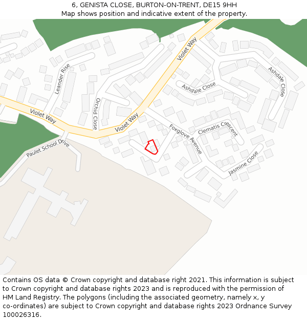 6, GENISTA CLOSE, BURTON-ON-TRENT, DE15 9HH: Location map and indicative extent of plot