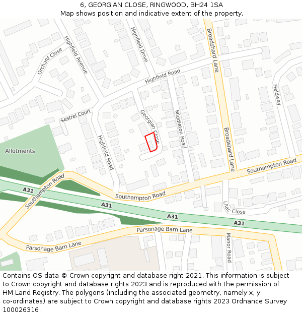 6, GEORGIAN CLOSE, RINGWOOD, BH24 1SA: Location map and indicative extent of plot