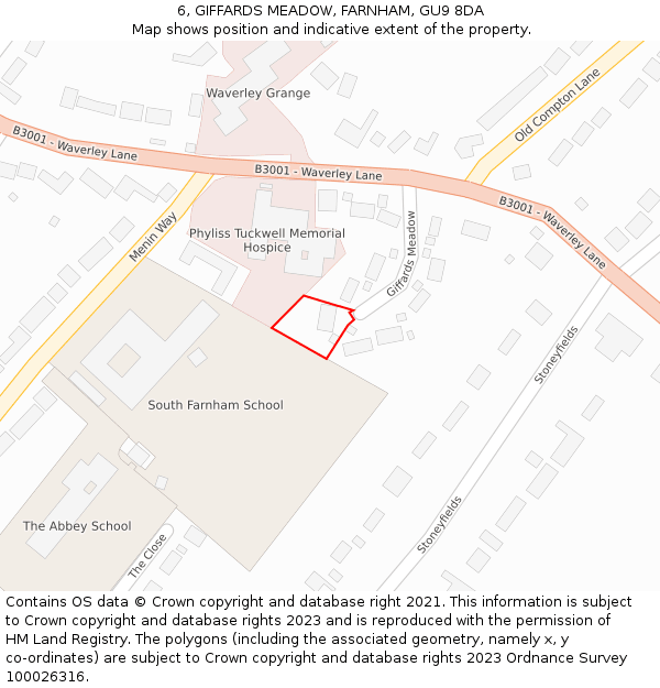 6, GIFFARDS MEADOW, FARNHAM, GU9 8DA: Location map and indicative extent of plot