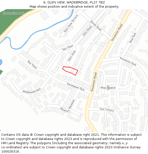 6, GLEN VIEW, WADEBRIDGE, PL27 7BZ: Location map and indicative extent of plot
