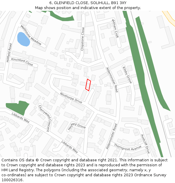 6, GLENFIELD CLOSE, SOLIHULL, B91 3XY: Location map and indicative extent of plot