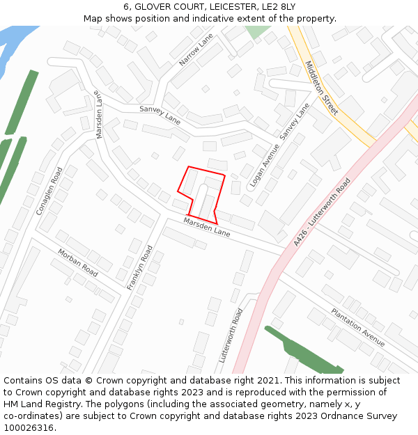 6, GLOVER COURT, LEICESTER, LE2 8LY: Location map and indicative extent of plot