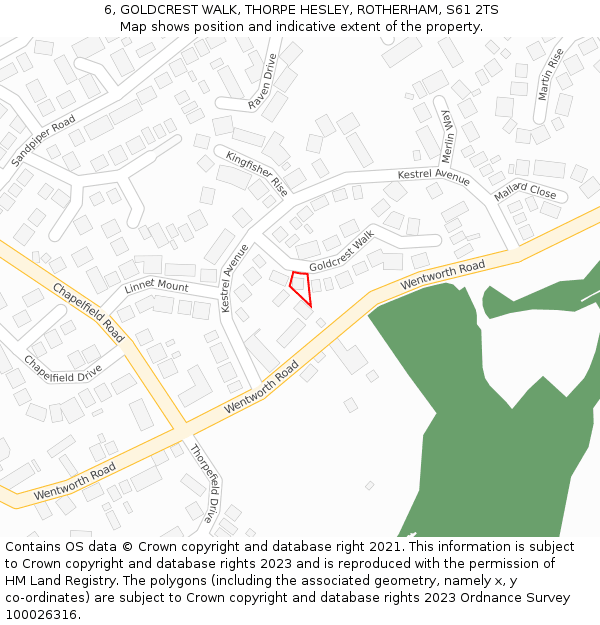 6, GOLDCREST WALK, THORPE HESLEY, ROTHERHAM, S61 2TS: Location map and indicative extent of plot