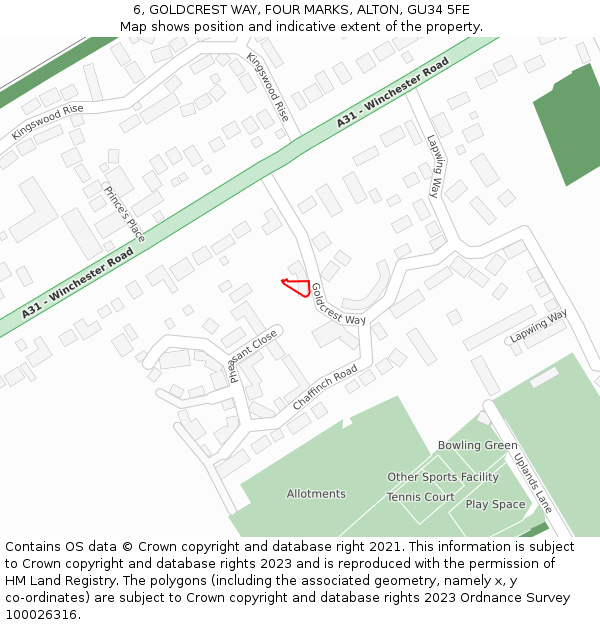 6, GOLDCREST WAY, FOUR MARKS, ALTON, GU34 5FE: Location map and indicative extent of plot