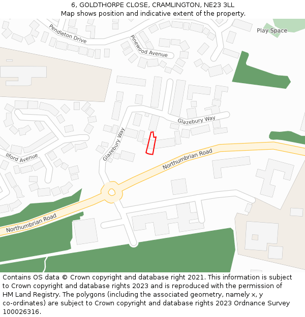 6, GOLDTHORPE CLOSE, CRAMLINGTON, NE23 3LL: Location map and indicative extent of plot