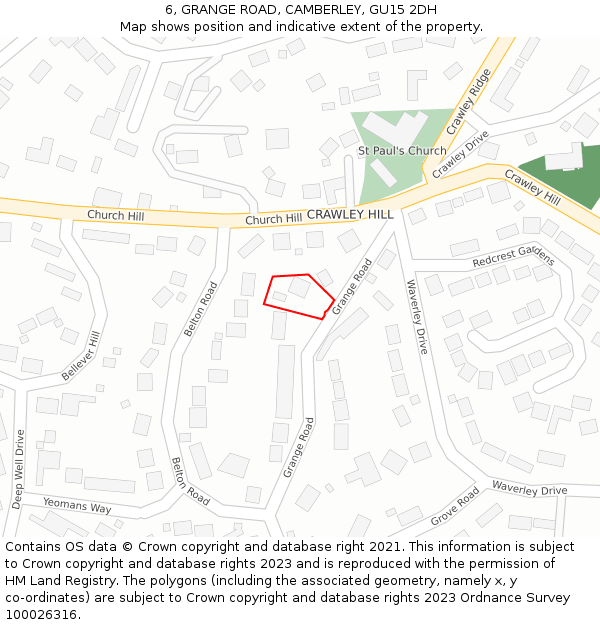 6, GRANGE ROAD, CAMBERLEY, GU15 2DH: Location map and indicative extent of plot