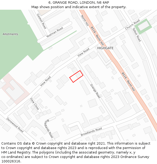 6, GRANGE ROAD, LONDON, N6 4AP: Location map and indicative extent of plot