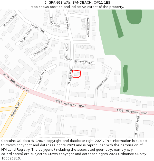 6, GRANGE WAY, SANDBACH, CW11 1ES: Location map and indicative extent of plot