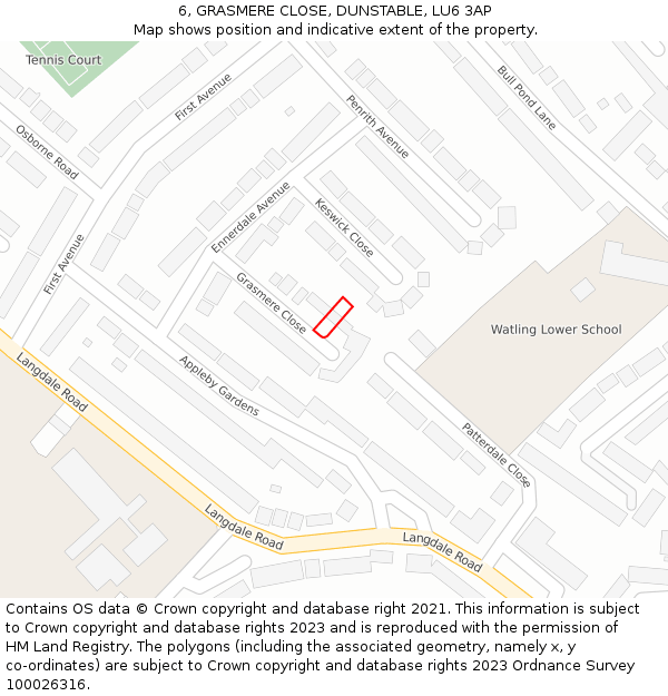 6, GRASMERE CLOSE, DUNSTABLE, LU6 3AP: Location map and indicative extent of plot